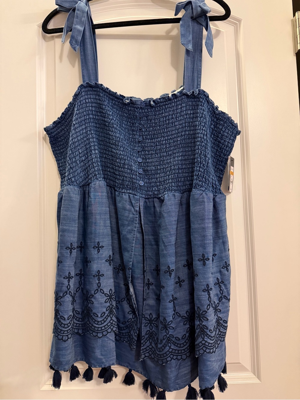 crown & ivy Blue Smocked Tank with dark trim